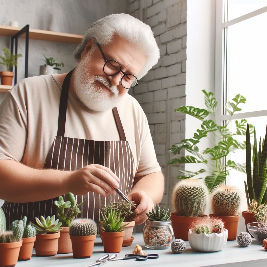 Hombre cuidando su colección de plantas curiosas en una habitación